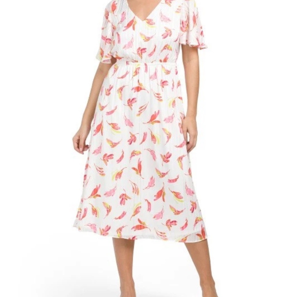 Floral V-Neck Midi Dress Pink White Flutter Sleeve